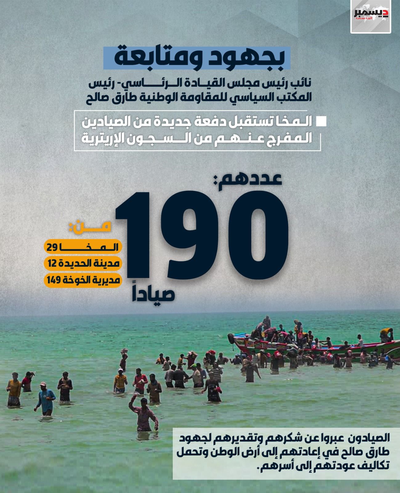 بجهود طارق صالح.. المخا تستقبل 190 صيادًا مفرج عنهم من السجون الإريتريةخ