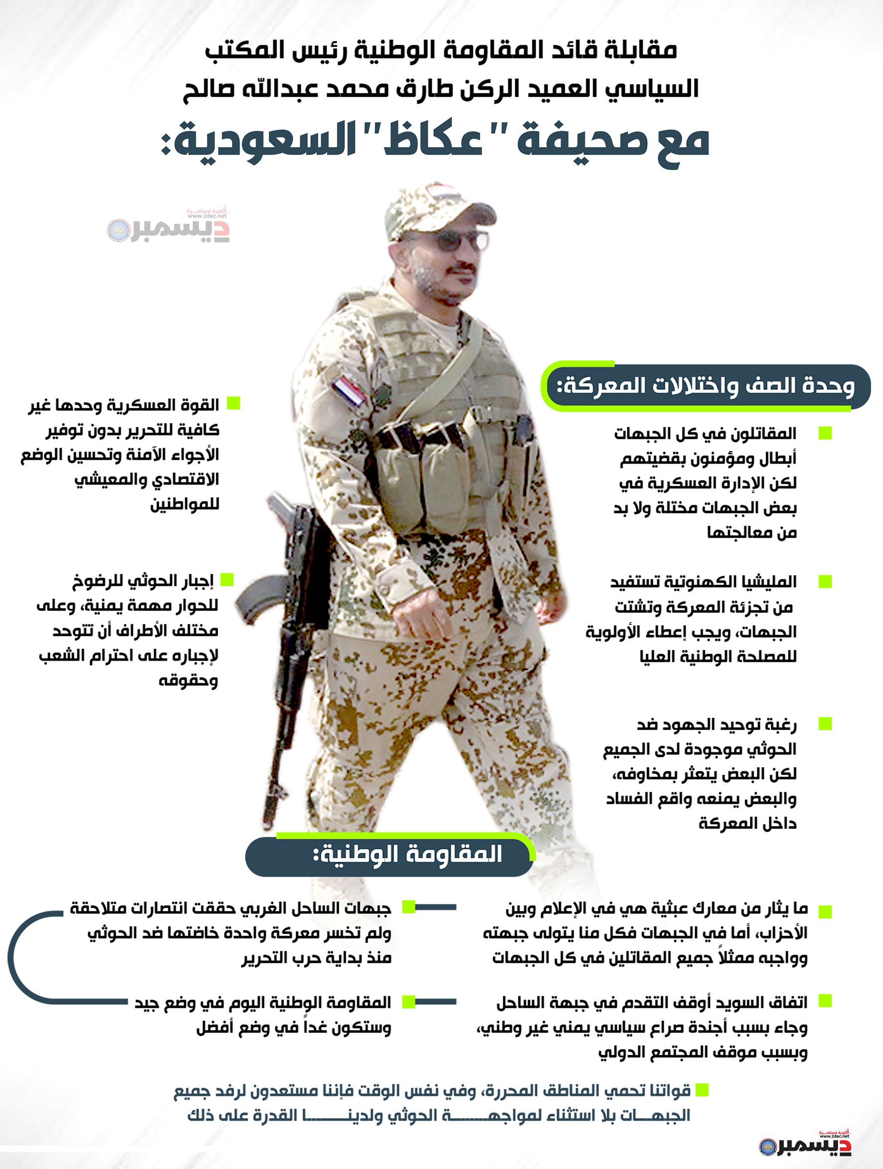 انفو جرافيك | حوار قائد المقاومة الوطنية العميد طارق صالح مع صحيفة عكاظ (1)