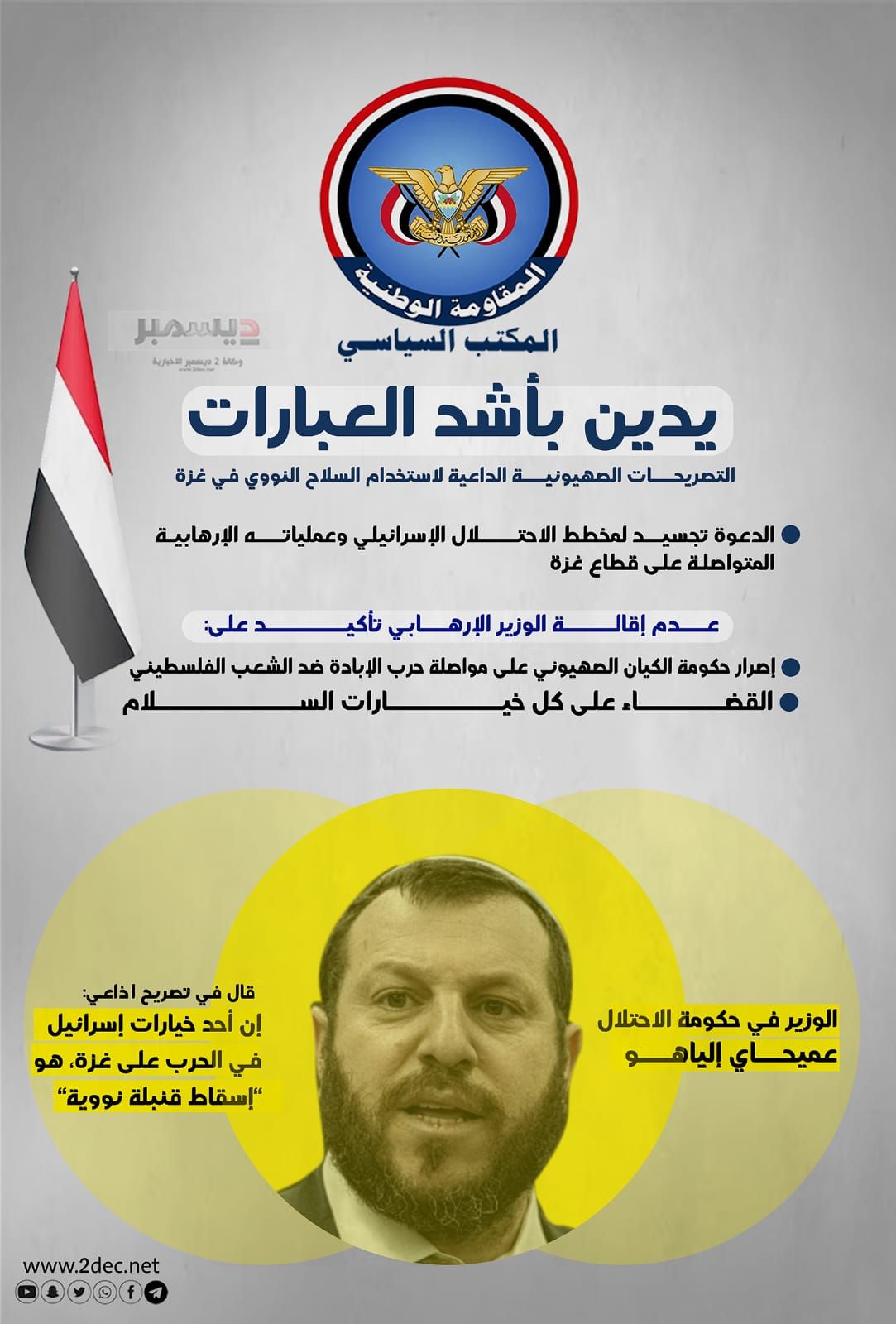 انفوجرافيك| المكتب السياسي للمقاومة الوطنية يدين التصريحات المتطرفة لوزير بحكومة الاحتلال الإسرائيلي